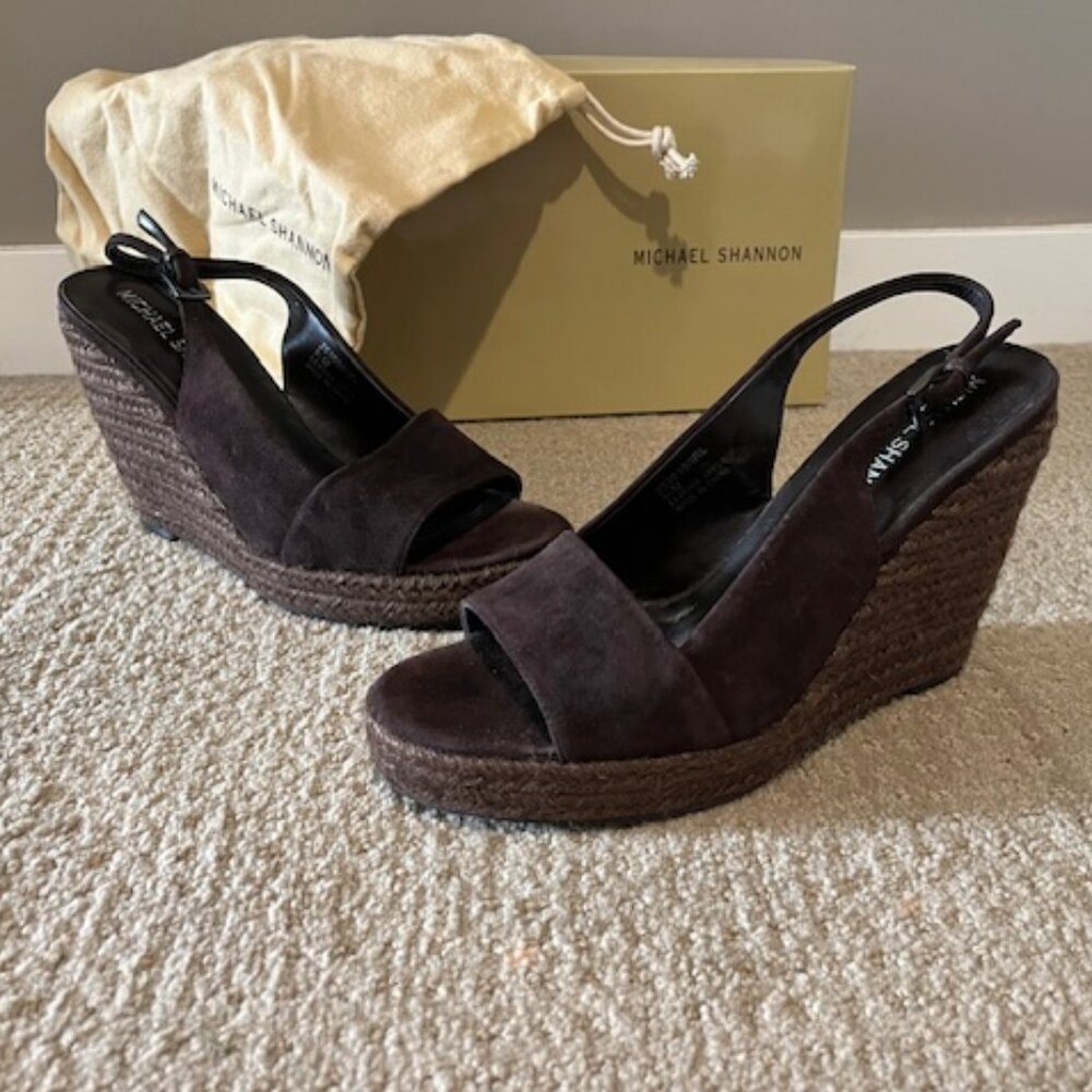 Michael Shannon Brown Suede slingback wedge heels with box